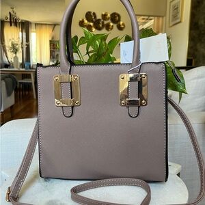 Taupe Structured Top-Handle Satchel with Gold Hardware